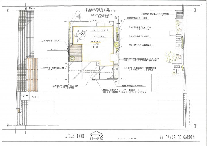 平面図　樹脂舗装のアプローチとデザインをつなげた駐車場