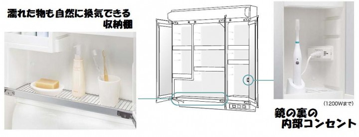 鏡の中に収納ができるので閉じればすっきりとした洗面所に