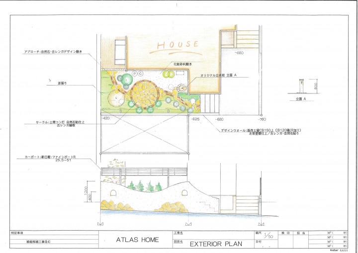 平面図　立面図　自然石とレンガをデザイン敷きして、緑に囲まれた庭