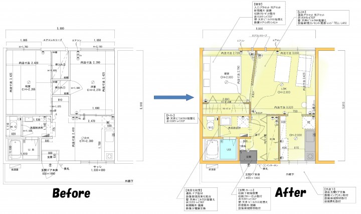 リフォーム前後の間取り図面　２DKから使いやすい１LDKに