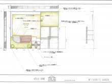 図面　アプローチはサンドストーンと樹脂舗装にピンコロの縁取り　タイルテラスにデッキがメイン